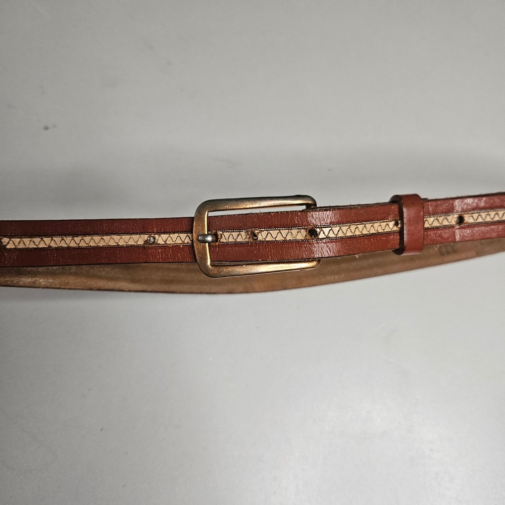 Vintage Fifth Avenue Cordovan Shell Finish Leather Belt Zigzag Inlay Brown 34